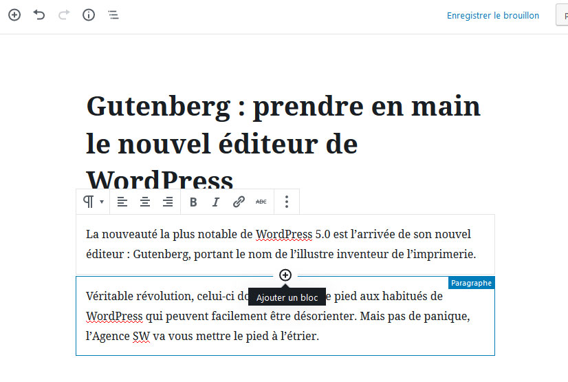 Ajouter bloc de contenu Gutenberg WordPress