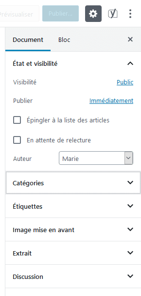 Paramètre document Gutenberg WordPress