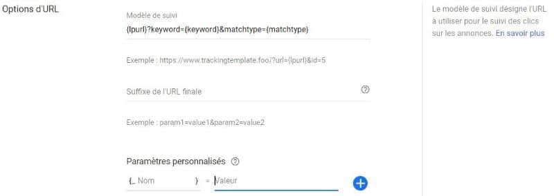 paramètres valuetrack