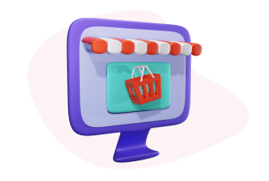 Icône d'un écran d'ordi avec panier de boutique illustrant le e-commerce