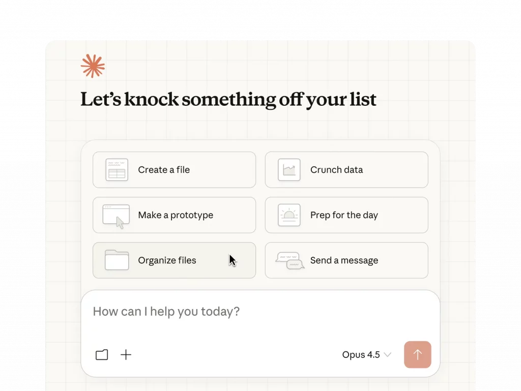 Interface Claude Cowork : décrire une tâche et sélectionner un dossier de travail