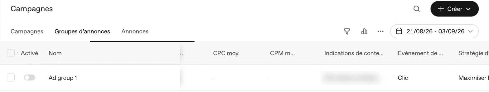 La colonne « Indications de contenu » remplace la liste de mots-clés à laquelle Google Ads nous a habitués.