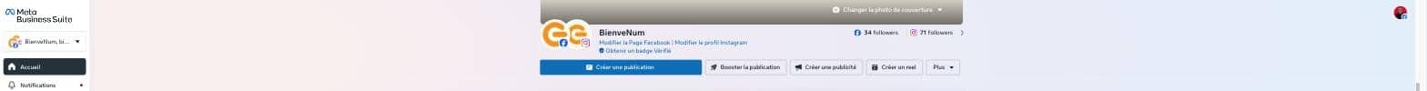 Page Meta Business Suite de BienveNum avec le compte Facebook et le compte Instagram liés, et le bouton Créer une publication