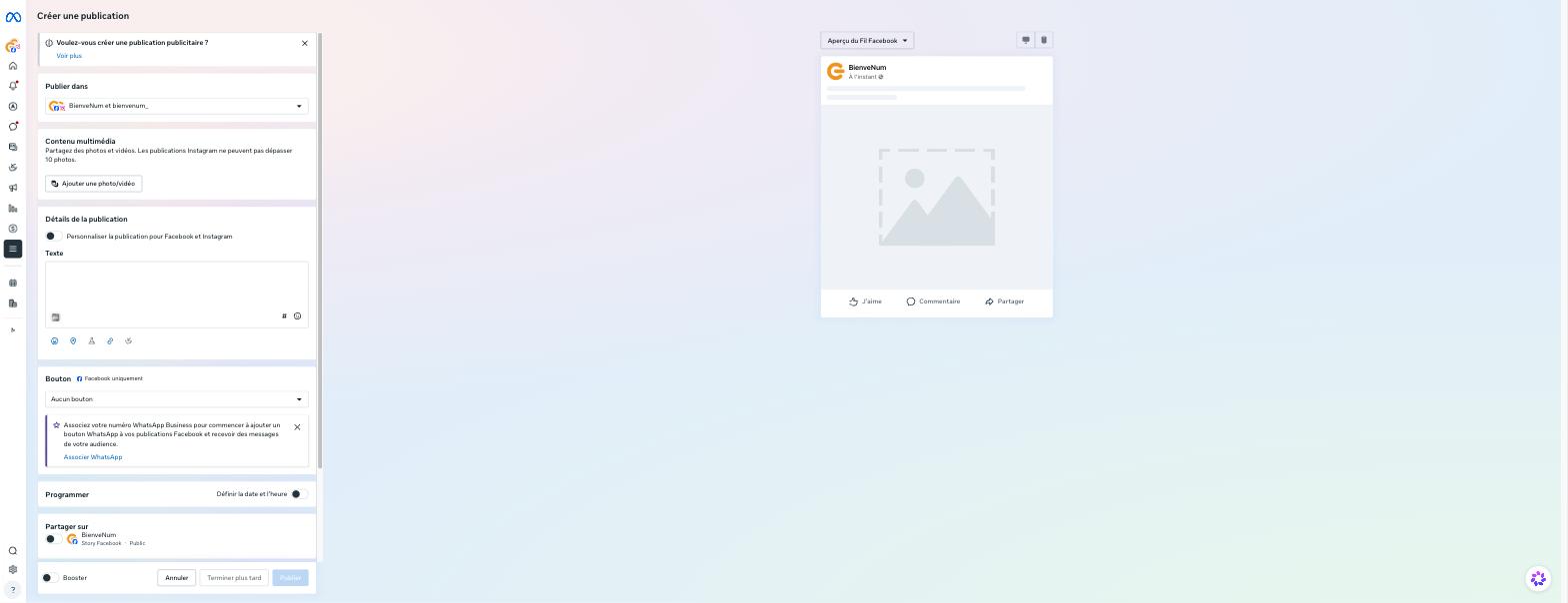 Écran Créer une publication dans Meta Business Suite avec le champ Publier dans et le bloc Contenu multimédia