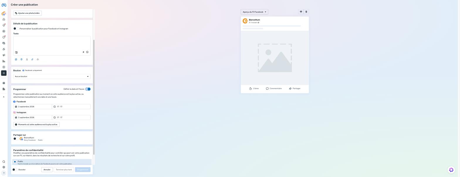 Bas de l'écran Créer une publication avec le bouton Moments où votre audience est la plus active, le partage en Story Facebook et les paramètres de confidentialité réglés sur Public