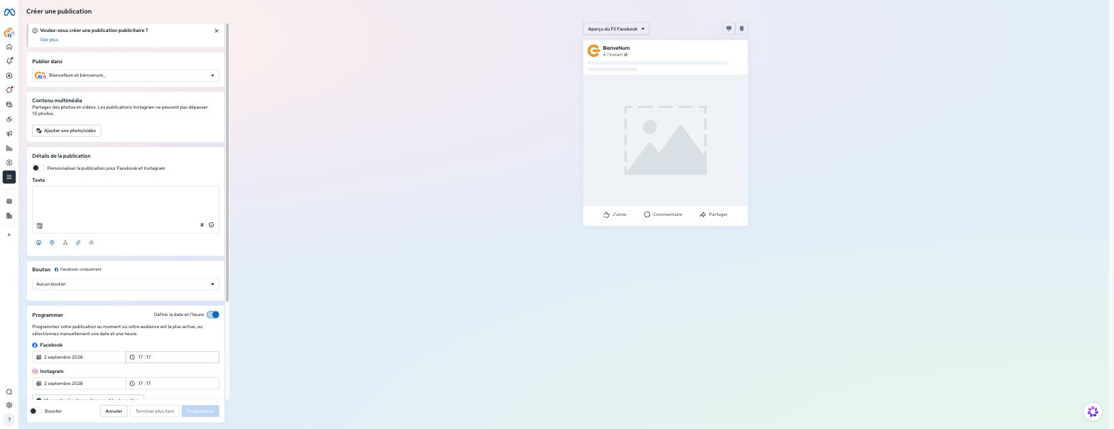 Bloc Programmer activé dans Meta Business Suite avec deux jeux de champs date et heure distincts pour Facebook et pour Instagram